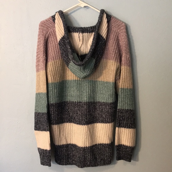 NWT C&C California Marl Striped Chunky Hooded V-Neck Sweater - Picture 2 of 14